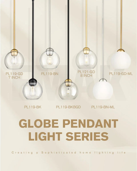 Gold Finish Industrial Pendant Light With Clear Glass Globe Shade, various models displayed, modern farmhouse style.