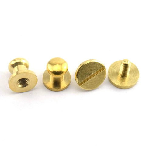 Top Notch Solid Brass Sam Browne Screw Studs With Nail Round Rivet Ends Great For Kickass DIY Leather Projects Belt Hardware Bag Embellishments And Sneaker Customizing Eight Piece Set Six Millimeter Heads, showcasing brass rivet heads.