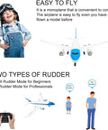Diagram showing Noob Friendly RC Plane For Kids And Boys, 3CH Remote Control Airplane with two rudder modes and simple controls.