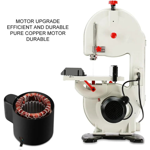 Hella Flexible 8 Inch Vertical Table Band Saw With Variable Speed Motor And 45 Degree Tilting Bench for precision cutting.