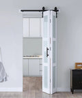 Bi-Fold White MDF Barn Door With PVC Surface 28 By 84 Inches Overall Double 14 By 84 Inches Panels installed in modern interior