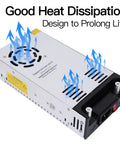Beefy 12V 50A 600W DC Power Supply Converter with cooling fan and heat dissipation vents shown from top view.