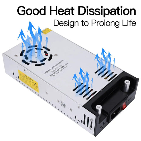 Beefy 12V 50A 600W DC Power Supply Converter with cooling fan and heat dissipation vents shown from top view.