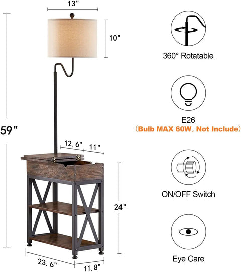 Floor Lamp With Table And USB Type C Ports, Narrow End Table With Rotating Lamp Shade, 59in tall with shelves and outlets