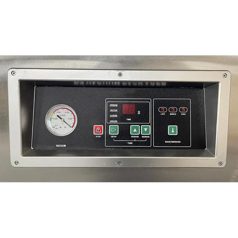 Control panel of Heavy Duty Double Chamber Vacuum Sealer showing timer and vacuum gauge for kitchen freshness.