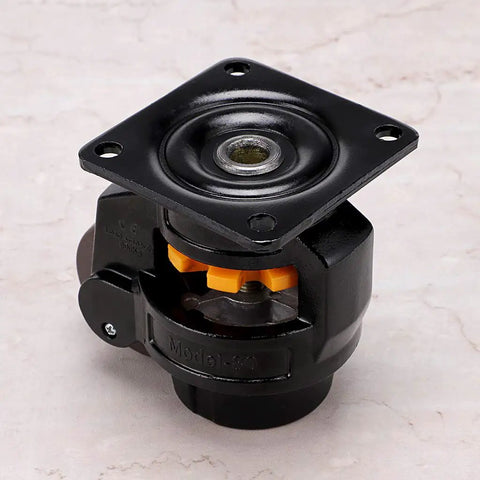 Single black Beefy Heavy Duty Leveling Caster with large top plate and retractable NBR pad for heavy workbenches and equipment.