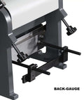 Back-gauge view of 8 Inch 3 In 1 Metal Brake Shear Roll Machine For 20 Gauge Steel Burr Free Cutting 90 Degree Bends And Cone Rolling