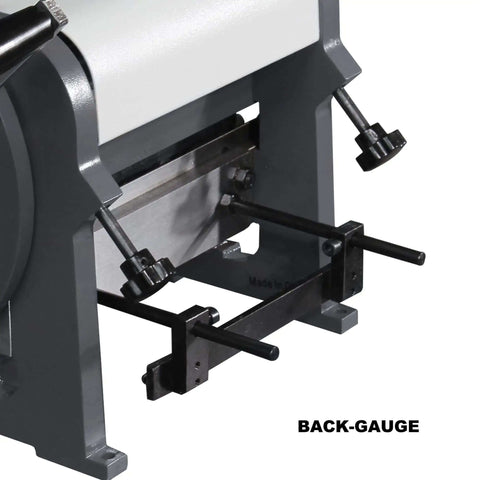 Back-gauge view of 8 Inch 3 In 1 Metal Brake Shear Roll Machine For 20 Gauge Steel Burr Free Cutting 90 Degree Bends And Cone Rolling