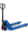 Side view of Global Industrial pallet jack with 27 in x 48 in blue powder-coated forks and red wheels