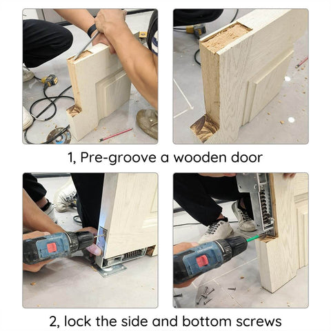 Installation steps for Double Action Spring Hinge With Cover Plates For Wood Doors shown on a wooden door.
