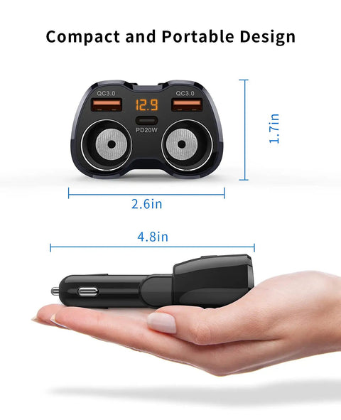 Compact size demonstration of Beefed Up 180W Dual Cigarette Lighter Splitter With Independent Switches And Two Sockets QC3 And 20W PD USB C Car Charger in hand.