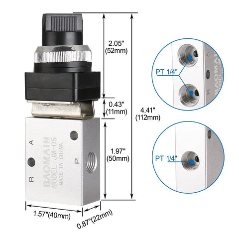 Rock Solid Pneumatic Mechanical Valve JM05 With Two Position Three Way Rotary Selective Knob One Quarter Inch PT Ports
