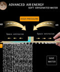 Diagram showing air technology and water flow in 12 Inch Square Rain Shower Head High Pressure Stainless Steel Brushed Gold with side view of hand