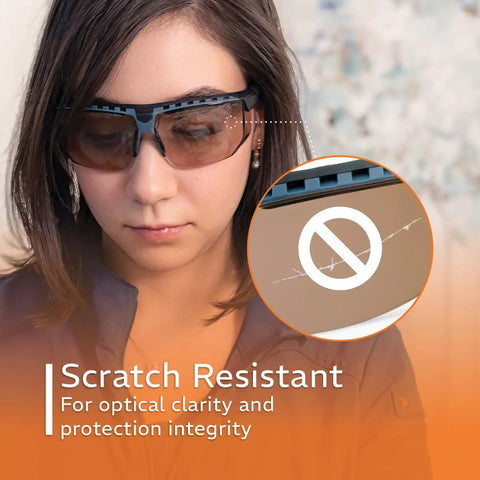 Close-up of a woman wearing Battle Tested NoIR Laser Safety Glasses Featuring A Hella Comfortable Wraparound Fit For Maximum Ultraviolet And Infrared Eye Protection Laser Grade Durability.