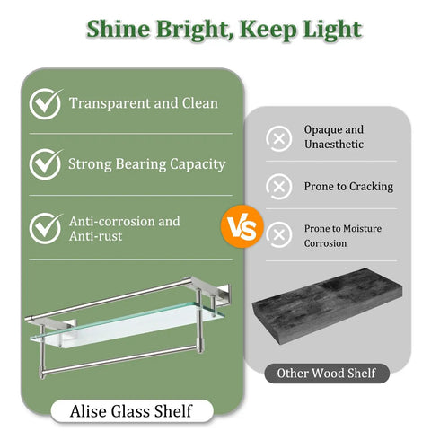 Comparison of Floating Bathroom Shelf With Towel Bar 20 Inch 8mm Tempered Glass On SUS304 Stainless Steel and wood shelf.
