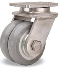 Heavy Duty Stainless Steel Swivel Caster With Rugged Dual Wheel Setup And Guaranteed Sealed Ball Bearings For Smooth As Butter Rolling On Tile Wood Or Concrete Everyday, close-up view.