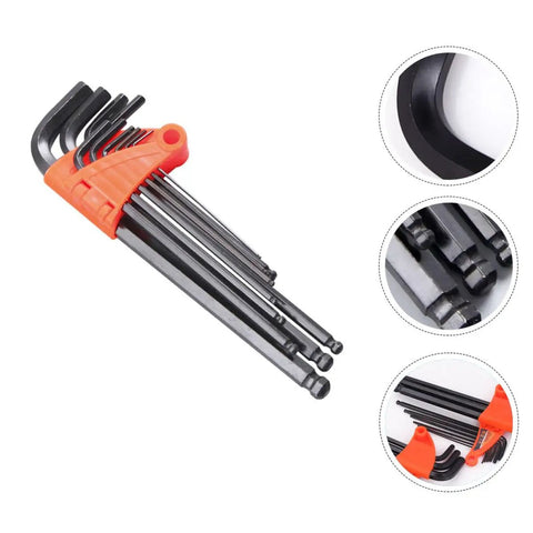 Pro 9Pc Ball End Hex Key Wrench Set With Long Arm Reach For Deep Torque Precision Mechanical Repair And Cool DIY Projects Plus Durable PVC Holder, 9-piece steel hex keys in orange PVC holder