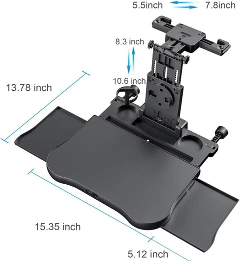 No Jiggle Rear Car Desk For Tesla Cybertruck heavy duty tray with dimensions, features dual shelves and cup holders, backseat use.