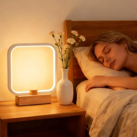 Wood Table Lamp With 3 Color Temperatures Dimmable LED Lighting Bedside Night Light next to a vase on a bedside table