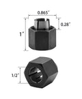 Two Pack 1/4 Inch And 1/2 Inch Router Collet Set Built To Work With 1613, 1613EVS, 1617, showing dimensions and steel design