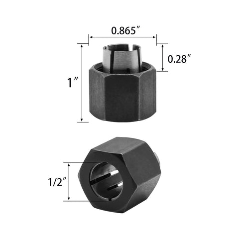 Two Pack 1/4 Inch And 1/2 Inch Router Collet Set Built To Work With 1613, 1613EVS, 1617, showing dimensions and steel design