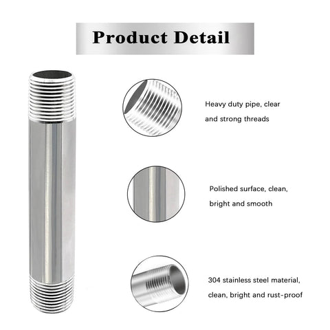 GeilSpace 1/2in x 18in stainless steel pipe nipple, 304, threaded both ends, 2 pcs