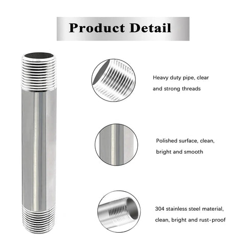 Heavy Duty Half Inch Stainless Steel Pipe Nipple, 30 Inches Long, Set Of 2, 304 Grade, NPT Standard Fits Half Inch Threaded Fittings