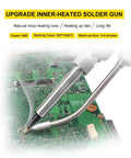 Close-up of 60W Automatic Soldering Gun Kit with ceramic heater in use on a PCB, showing precision soldering and heating details.