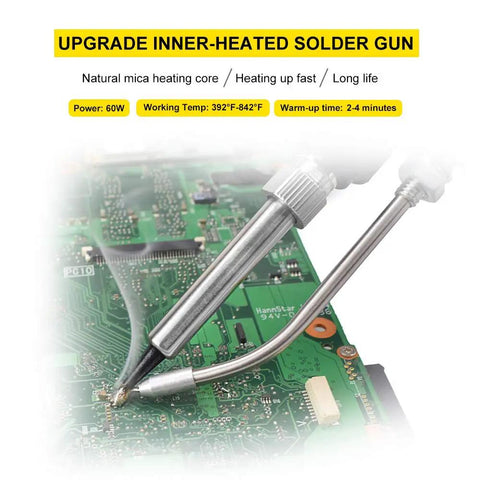 Close-up of 60W Automatic Soldering Gun Kit with ceramic heater in use on a PCB, showing precision soldering and heating details.