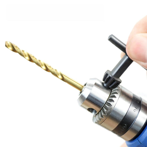 Rock Solid Heavy Duty Drill Press Chuck Key Wrench Set With 3/8 And 1/2 Inch Replacement Keys Forged From Rugged Carbon Steel in use on drill.
