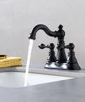 Two Handle Matte Black Bathroom Faucet With Pop Up Drain for 3 Hole 4 Inch Centerset Sinks, 360 Degree Swivel, water flowing