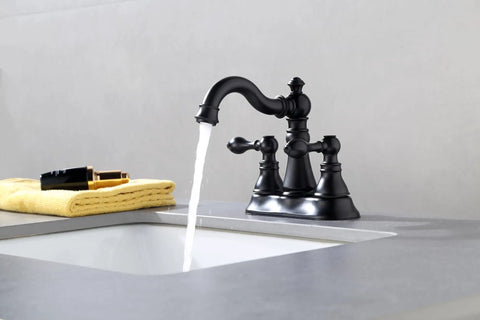 Two Handle Matte Black Bathroom Faucet With Pop Up Drain for 3 Hole 4 Inch Centerset Sinks, 360 Degree Swivel, water flowing