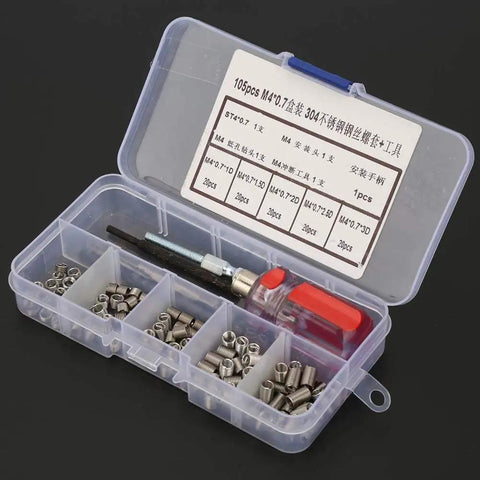 105 Piece Stainless Steel Threaded Inserts Repair Kit Helicoil Style Wire Inserts Installation Set DIY Friendly For Aluminum And Other Metals M4 X 0.7 Thread Size Includes Easy Install Tools in an open case showing inserts and tools.