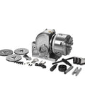 Precision Universal Dividing Head With Three Jaw Chuck For Milling Machines, heavy duty steel, includes accessories and base.