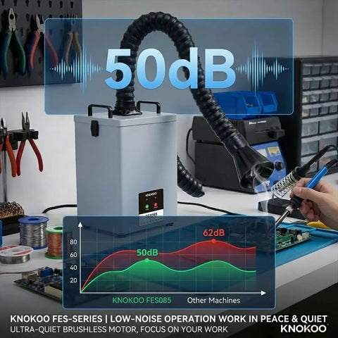 H13 HEPA Filter Fume Extractor for 3D Printers and Laser Engravers on a desk showing 50dB noise level