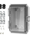 IP67 Waterproof Electrical Junction Box With Hinged Clear Cover And Stainless Steel Latch, ABS Enclosure, cable glands, wall brackets