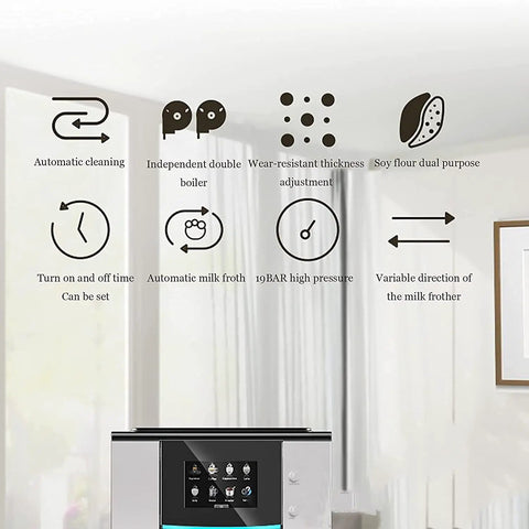 Icons demonstrating features of Real Deal Fully Automatic Espresso Machine With Built In Bean Grinder 19 Bar Pump Programmable Smart Coffee Maker Featuring Fast Heating And Auto Cleaning System Black.