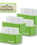 Plug And Play Fuel Saver Device For Cars 2000 And Newer 4 Pack Helps Cut Fuel Costs By About 15 Percent Easy Install Auto Adjusts To Your Driving Habits Over Time, showing four green and white OBD2 devices for benzine cars.