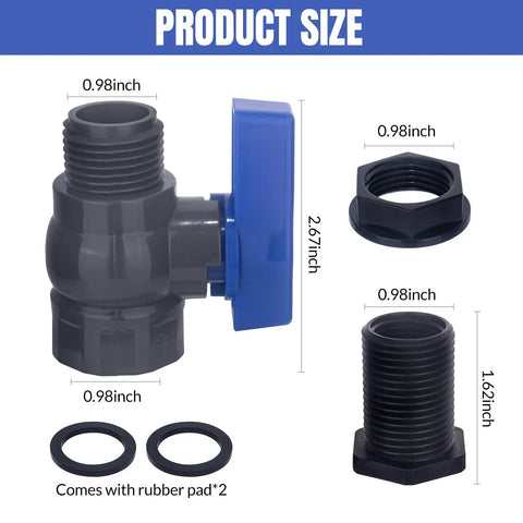 Dimensions of 2 Pack 3/4 Inch GHT PVC Rain Barrel Spigot Kit With Ball Valves, Bulkhead Adapters, And Tape