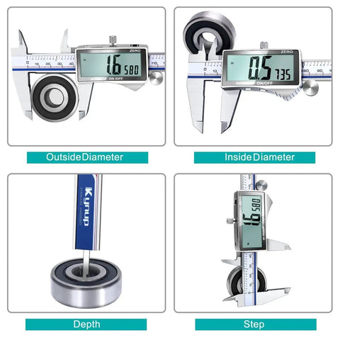 Digital Caliper 6 Inch With Stainless Steel Body measuring outside diameter, inside diameter, depth, and step with large LCD screen