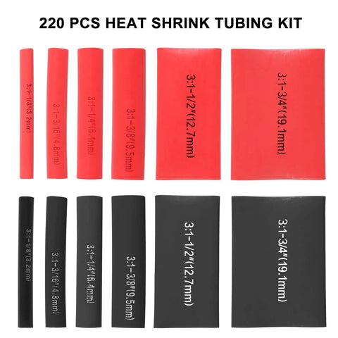 Heavy Duty Heat Shrink Tubing Kit 220 Pcs 3 To 1 Adhesive Lined Marine Grade in black and red with six sizes visible