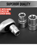 Close-up of 14 Piece ETORX Socket Set Pro Grade Female Torx Sockets With Ratchet For 1 Quarter Inch 3 Eighth Inch And 1 Half Inch Drives