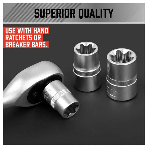 Close-up of 14 Piece ETORX Socket Set Pro Grade Female Torx Sockets With Ratchet For 1 Quarter Inch 3 Eighth Inch And 1 Half Inch Drives