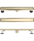 Rugged 42 Inch Linear Shower Drain With Flip Style Tile Cover And Sleek Satin Brass Trim Crafted From Bulletproof 304 Stainless Steel showing adjustable leveling system.