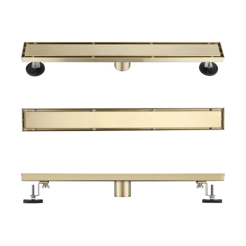 Rugged 42 Inch Linear Shower Drain With Flip Style Tile Cover And Sleek Satin Brass Trim Crafted From Bulletproof 304 Stainless Steel showing adjustable leveling system.