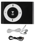Go To Pocket MP3 Player For On The Go Tunes, mini clip-on music player with earphones and USB cable, lightweight black.