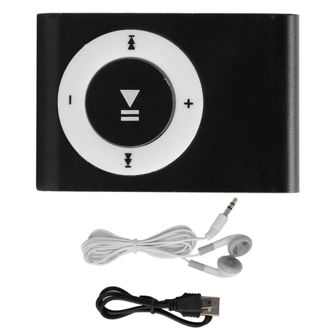 Go To Pocket MP3 Player For On The Go Tunes, mini clip-on music player with earphones and USB cable, lightweight black.