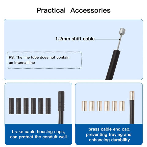 Image showing Rugged 4mm Lined Shift Cable Housing Kit For Mountain And Road Bikes, 3 Meters with end caps and cable details.