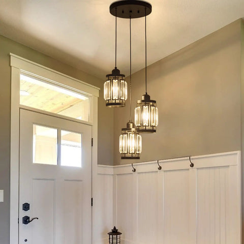 Three Light Farmhouse Pendant Light With Adjustable Ceiling Hanging Fixture And K9 Crystals In Black Finish in hallway