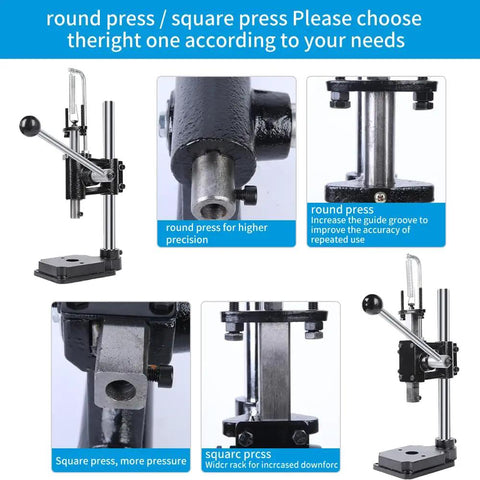 Multiple angles of Leather Hole Puncher Handy Punching Machine Manual Press with Drill Chuck for round and square holes on leather.